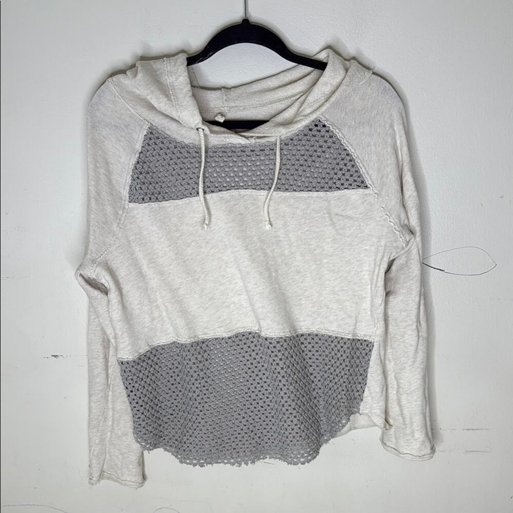 Free People Hooded Mesh Detail Gray and Cream Women's Top Size Small